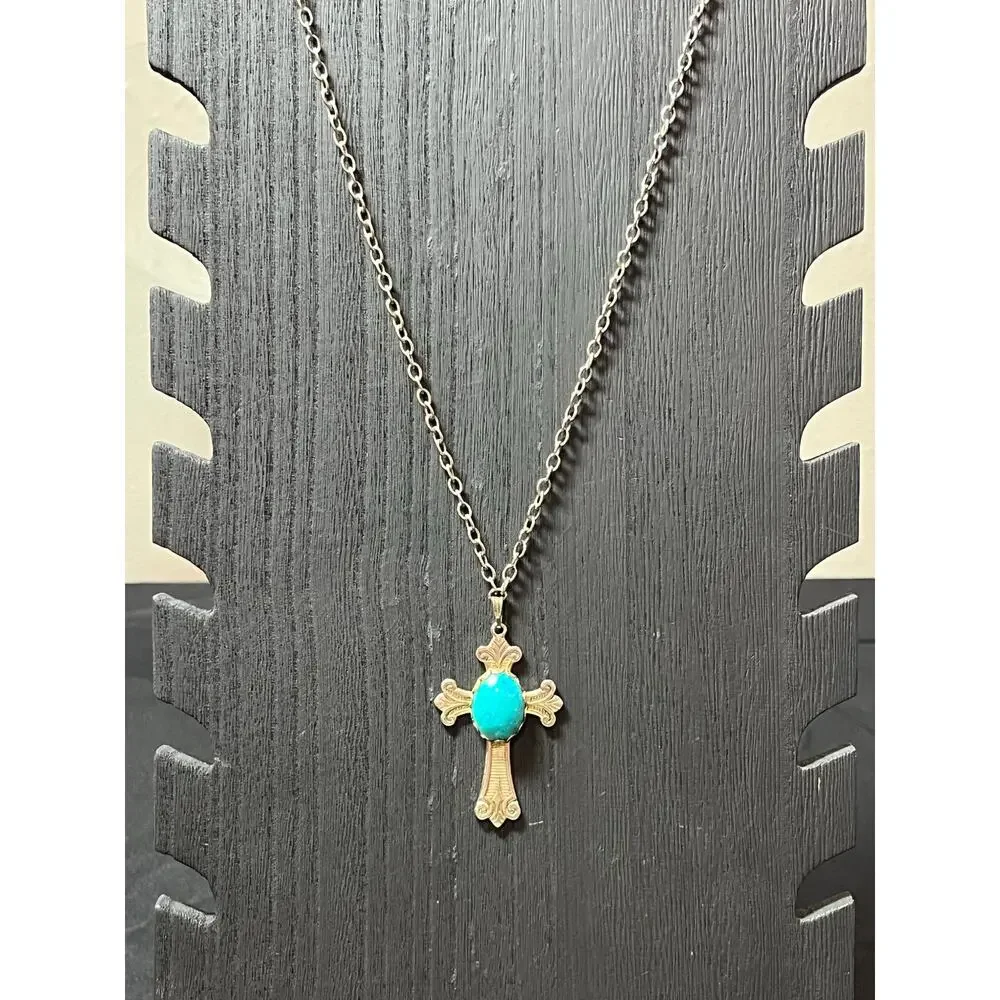 Long Cross Necklace Turquoise Color Stone Silver Tone‎ Chain Boho Faith 33”
